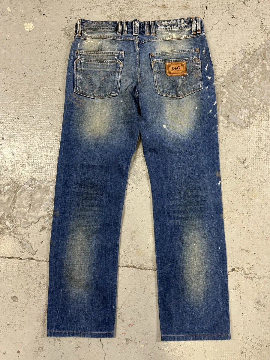 AW2006 Dolce & Gabbana Dirty Blue Painted Blue Denim Jeans tRGbEqR 1