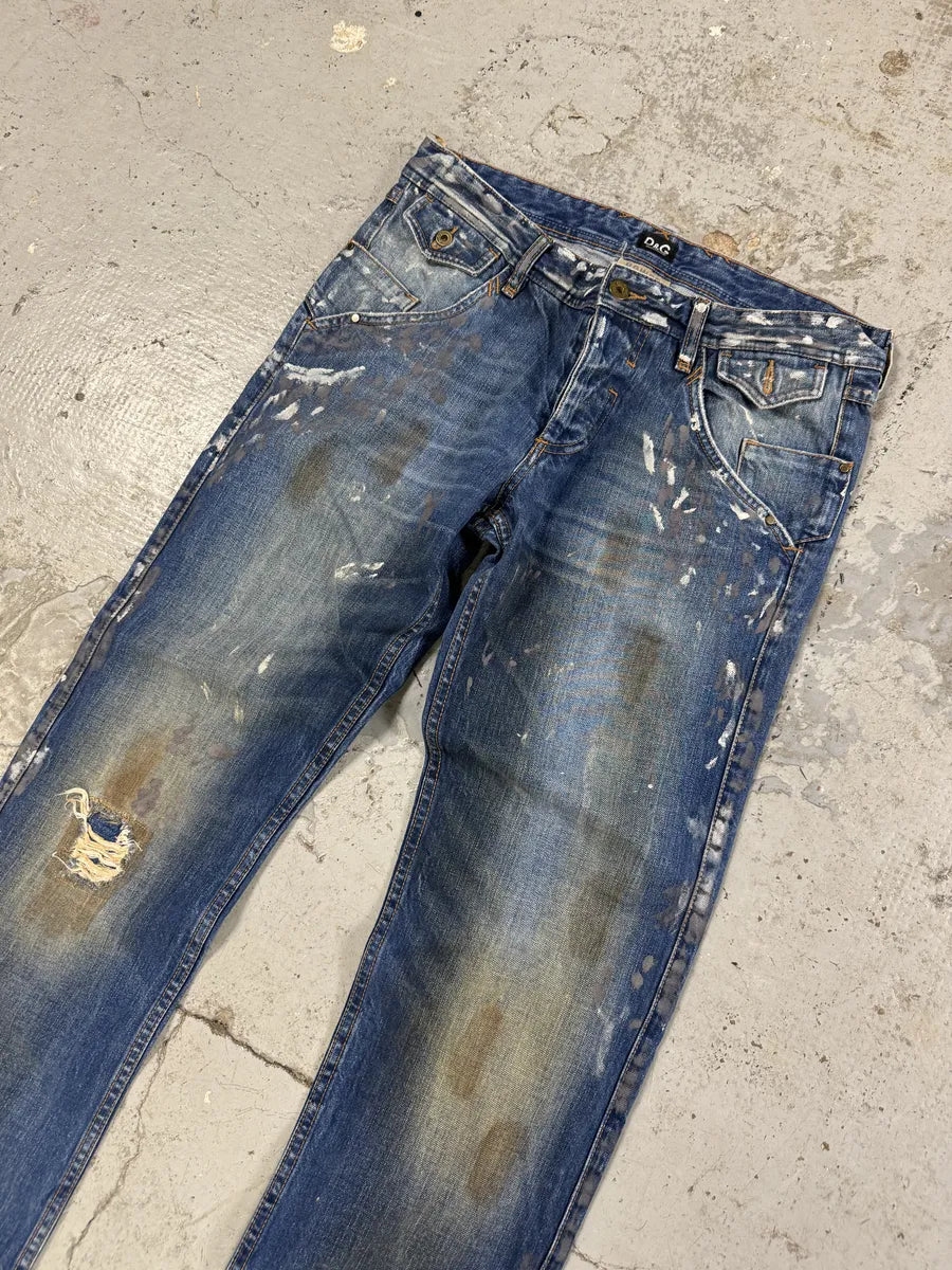 AW2006 Dolce & Gabbana Dirty Blue Painted Blue Denim Jeans tRGbEqR 2