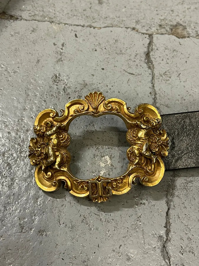 AW2006 Dolce & Gabbana Golden Angels Molding Buckle Black Leather Belt nFVfPIZ 5