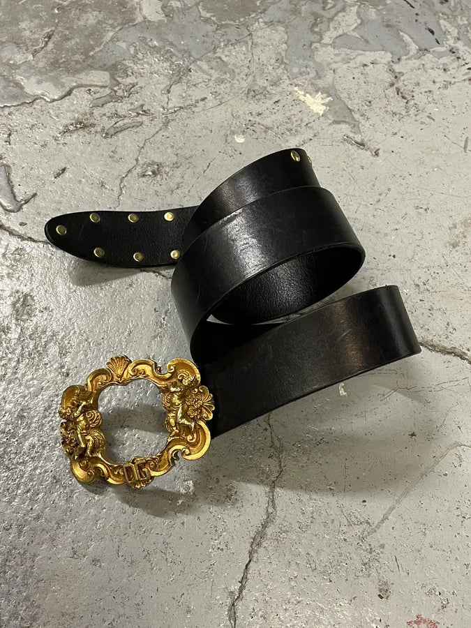 AW2006 Dolce & Gabbana Golden Angels Molding Buckle Black Leather Belt nFVfPIZ 4