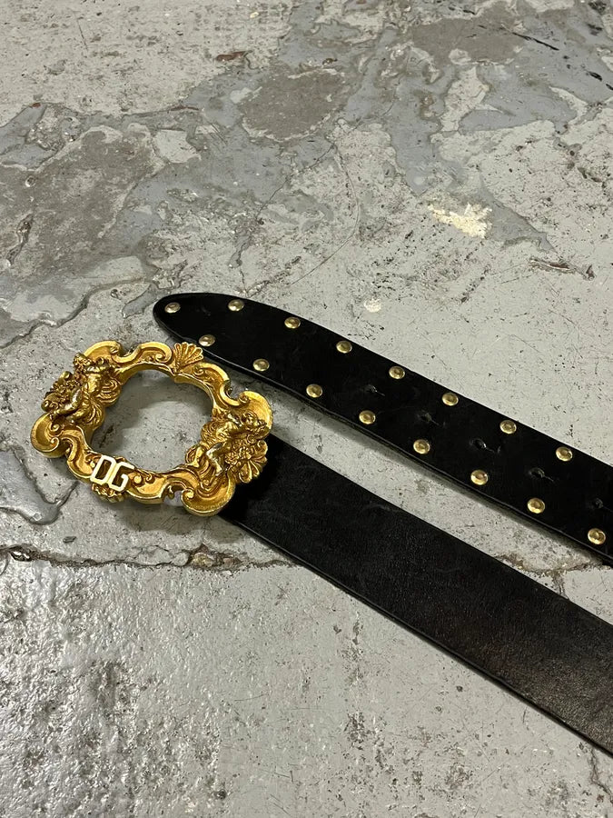 AW2006 Dolce & Gabbana Golden Angels Molding Buckle Black Leather Belt nFVfPIZ 3