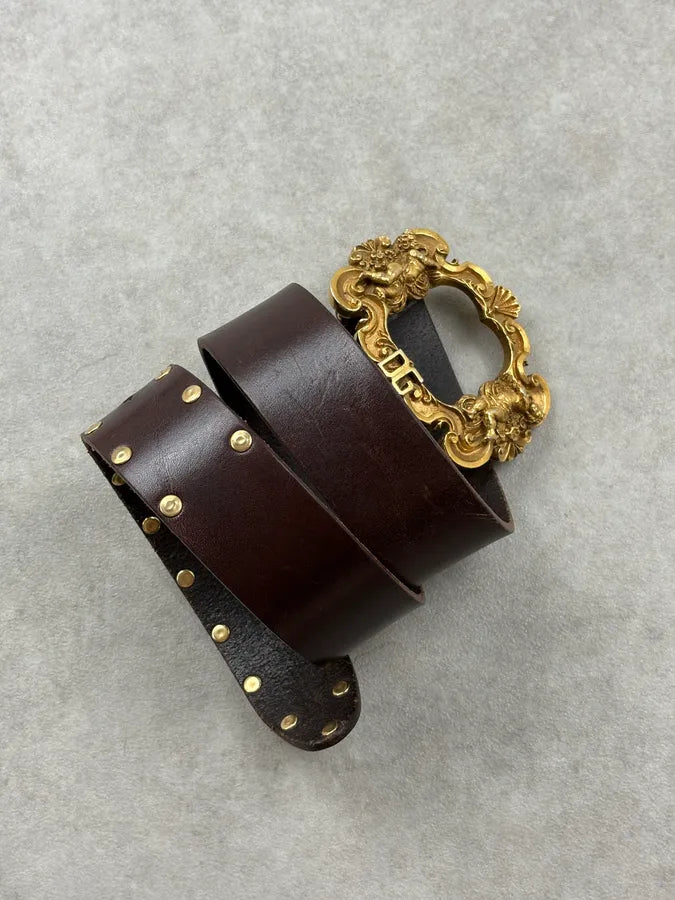 AW2006 Dolce & Gabbana Golden Angels Molding Buckle Brown Leather Belt nFVfPIZ 3