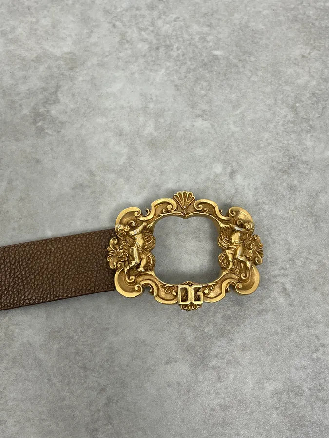 AW2006 Dolce & Gabbana Golden Angels Molding Buckle Brown Leather Belt JZUDwSc 4