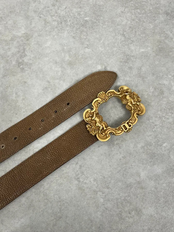 AW2006 Dolce & Gabbana Golden Angels Molding Buckle Brown Leather Belt JZUDwSc 3