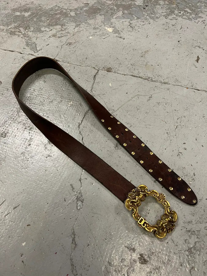 AW2006 Dolce & Gabbana Golden Angels Molding Buckle Brown Leather Belt PjJozRG 3