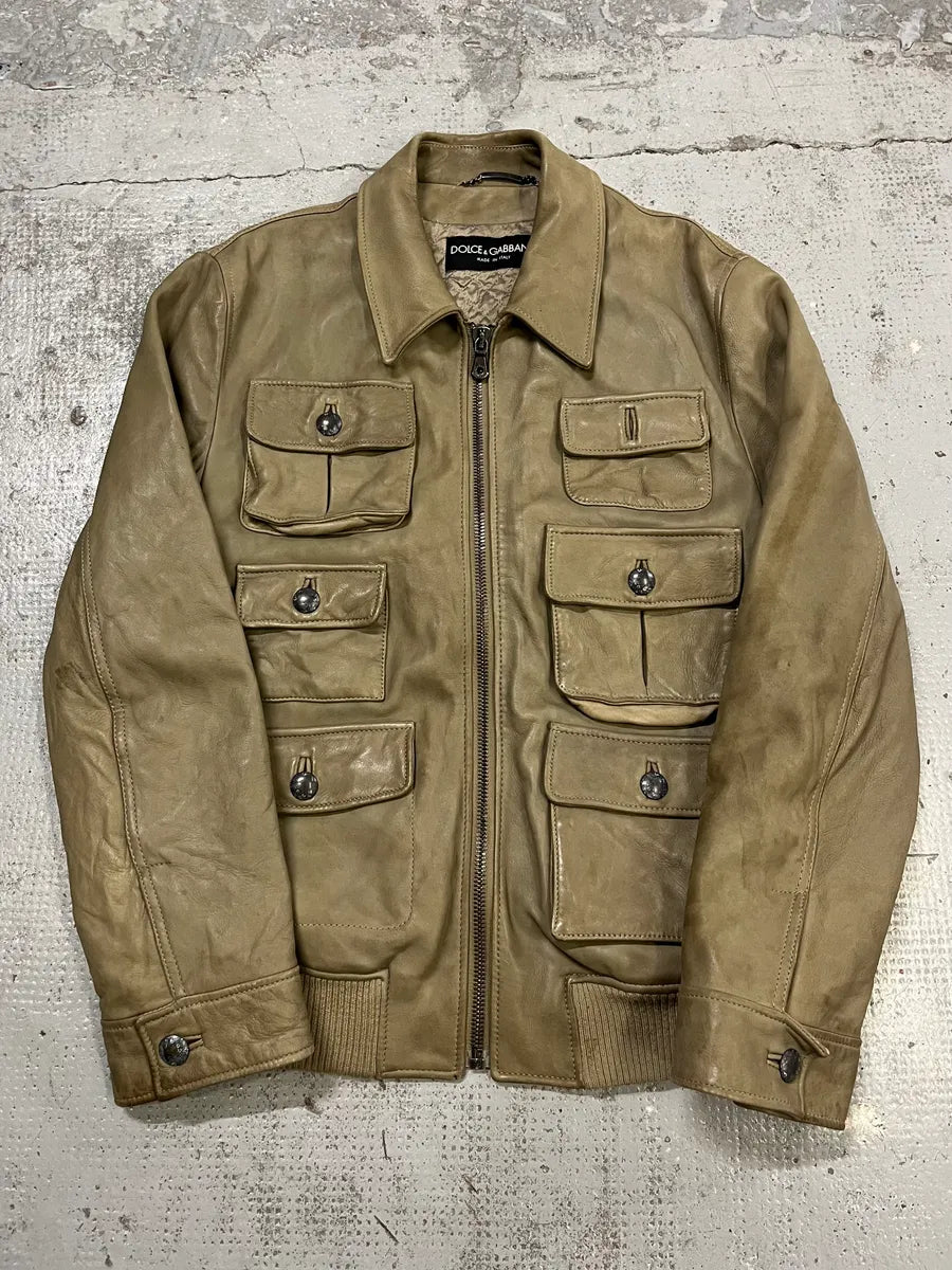 AW2006 Dolce & Gabbana Multi-Pocket Beige Cargo Leather Jacket JokYgdp 4