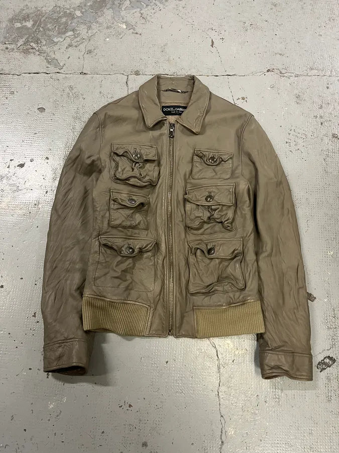 AW2006 Dolce & Gabbana Multi Pockets Cargo Grey Leather Jacket HybmNlW 0