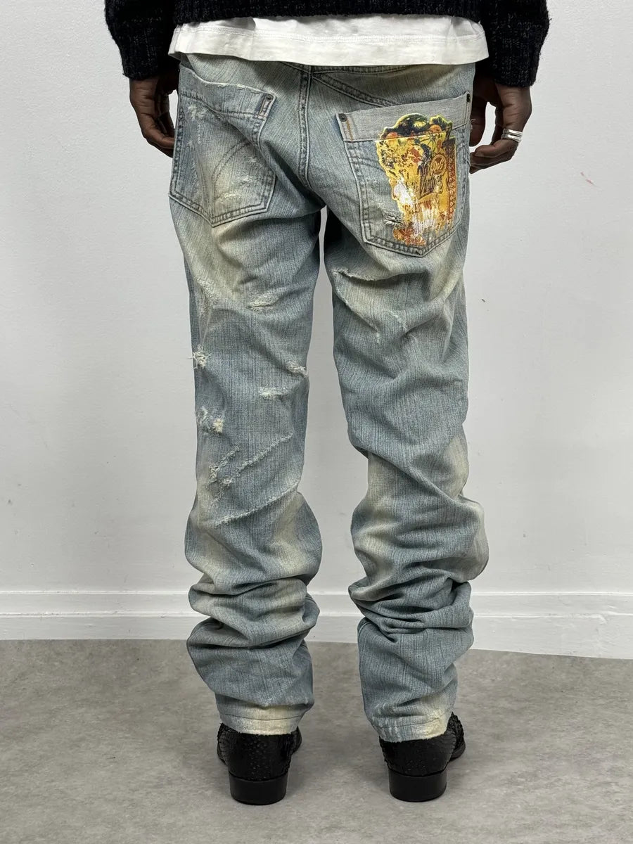 AW2006 Dolce & Gabbana Yellow Printed Blue Distressed Denim Jeans PDqAfvg 0