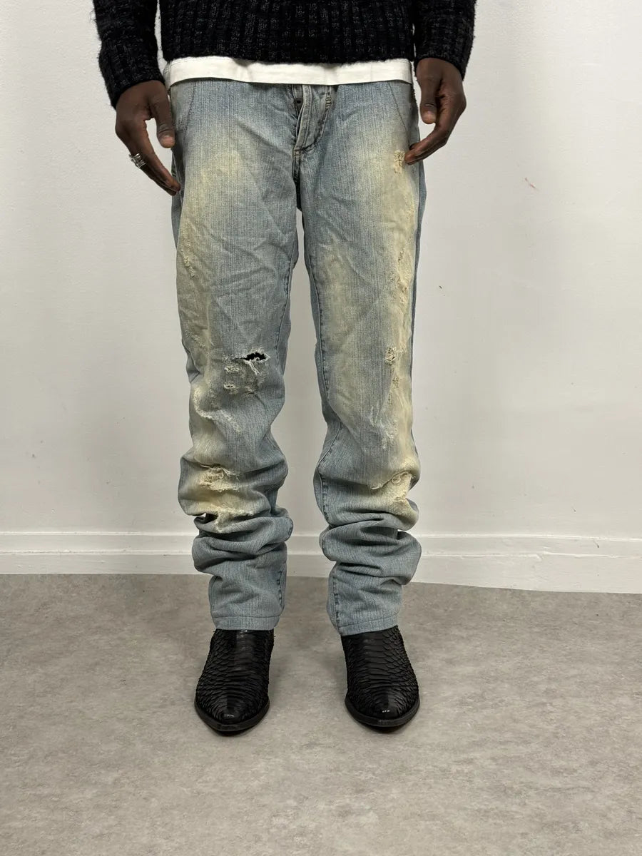 AW2006 Dolce & Gabbana Yellow Printed Blue Distressed Denim Jeans PDqAfvg 1