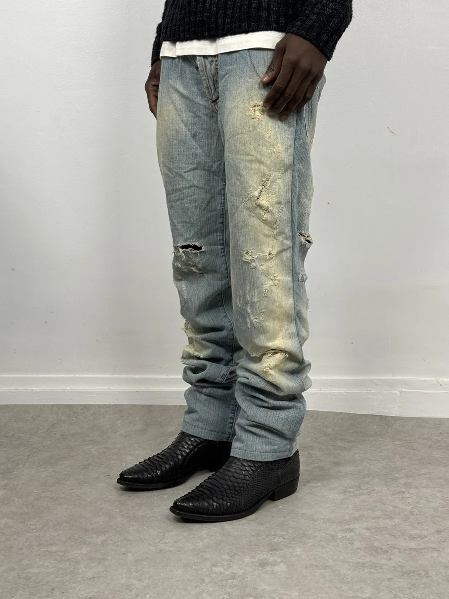 AW2006 Dolce & Gabbana Yellow Printed Blue Distressed Denim Jeans PDqAfvg 2