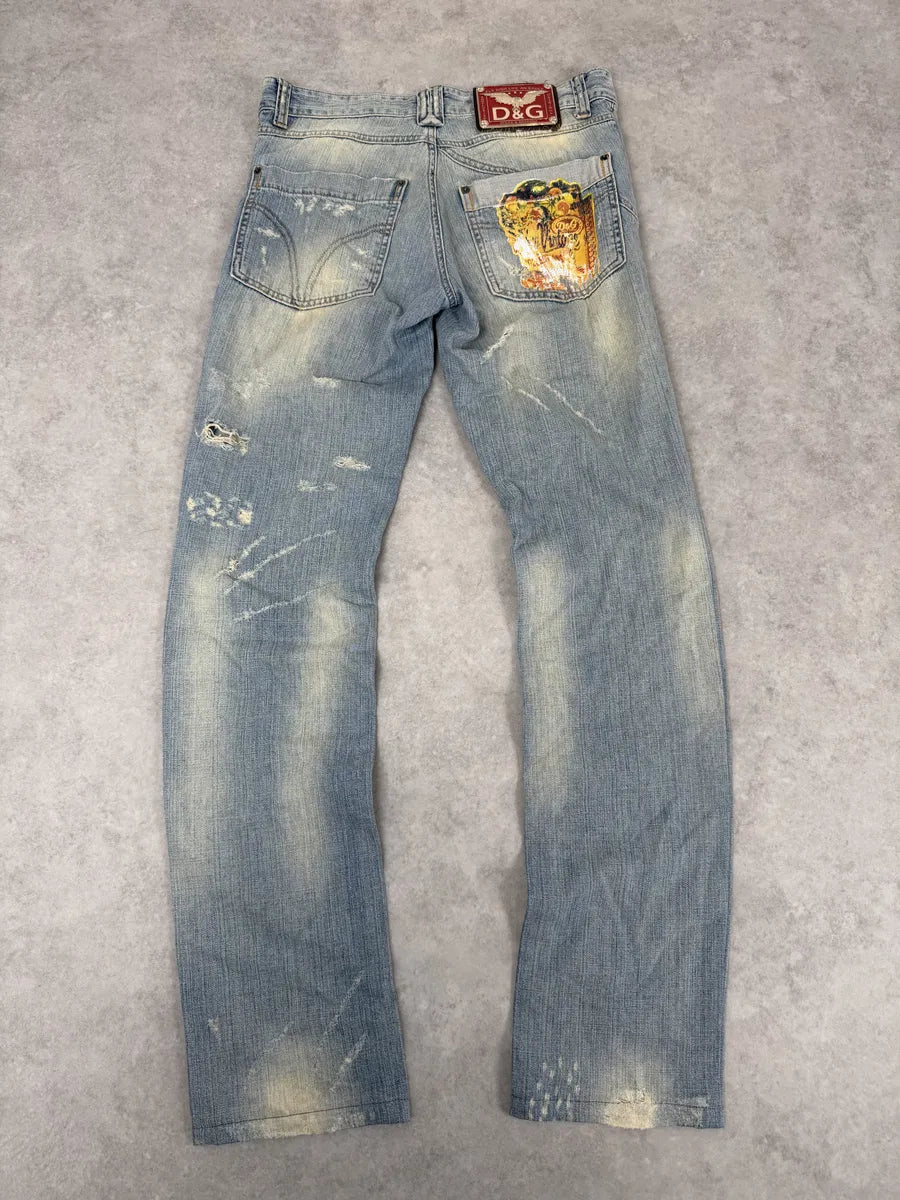 AW2006 Dolce & Gabbana Yellow Printed Blue Distressed Denim Jeans PDqAfvg 3