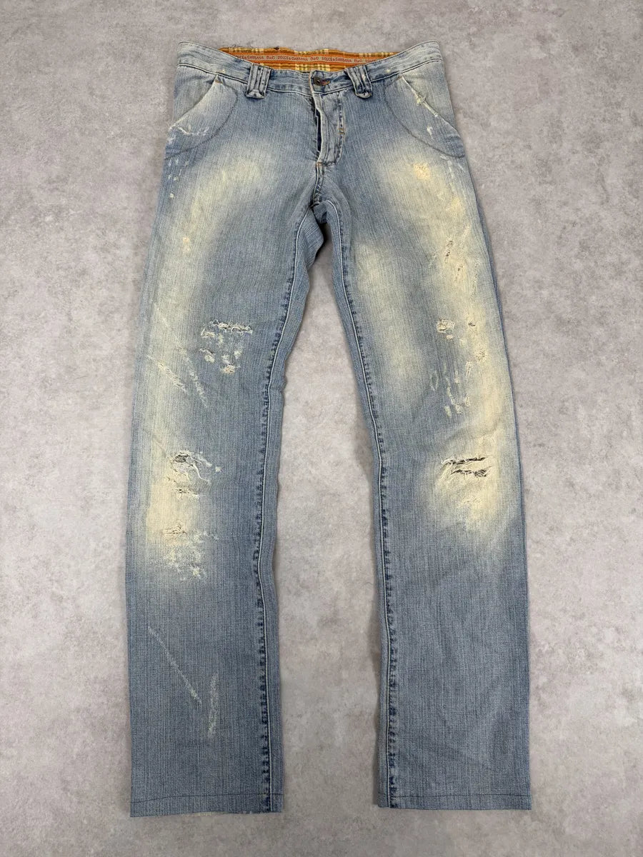 AW2006 Dolce & Gabbana Yellow Printed Blue Distressed Denim Jeans PDqAfvg 4