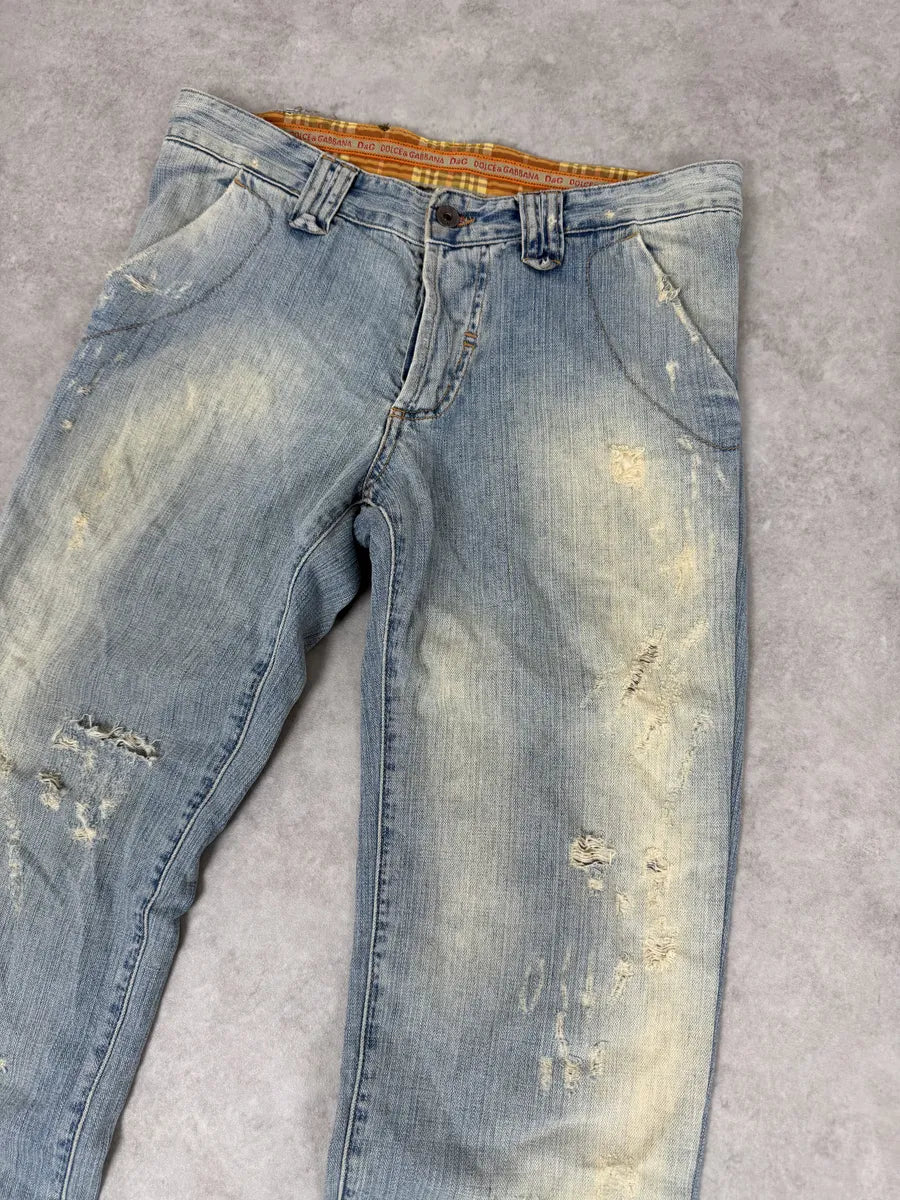 AW2006 Dolce & Gabbana Yellow Printed Blue Distressed Denim Jeans PDqAfvg 5