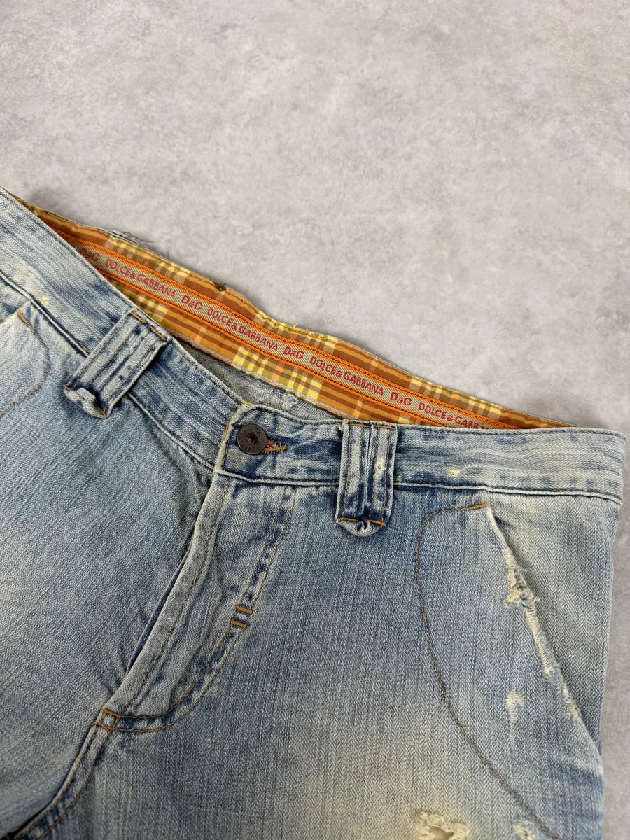 AW2006 Dolce & Gabbana Yellow Printed Blue Distressed Denim Jeans PDqAfvg 7