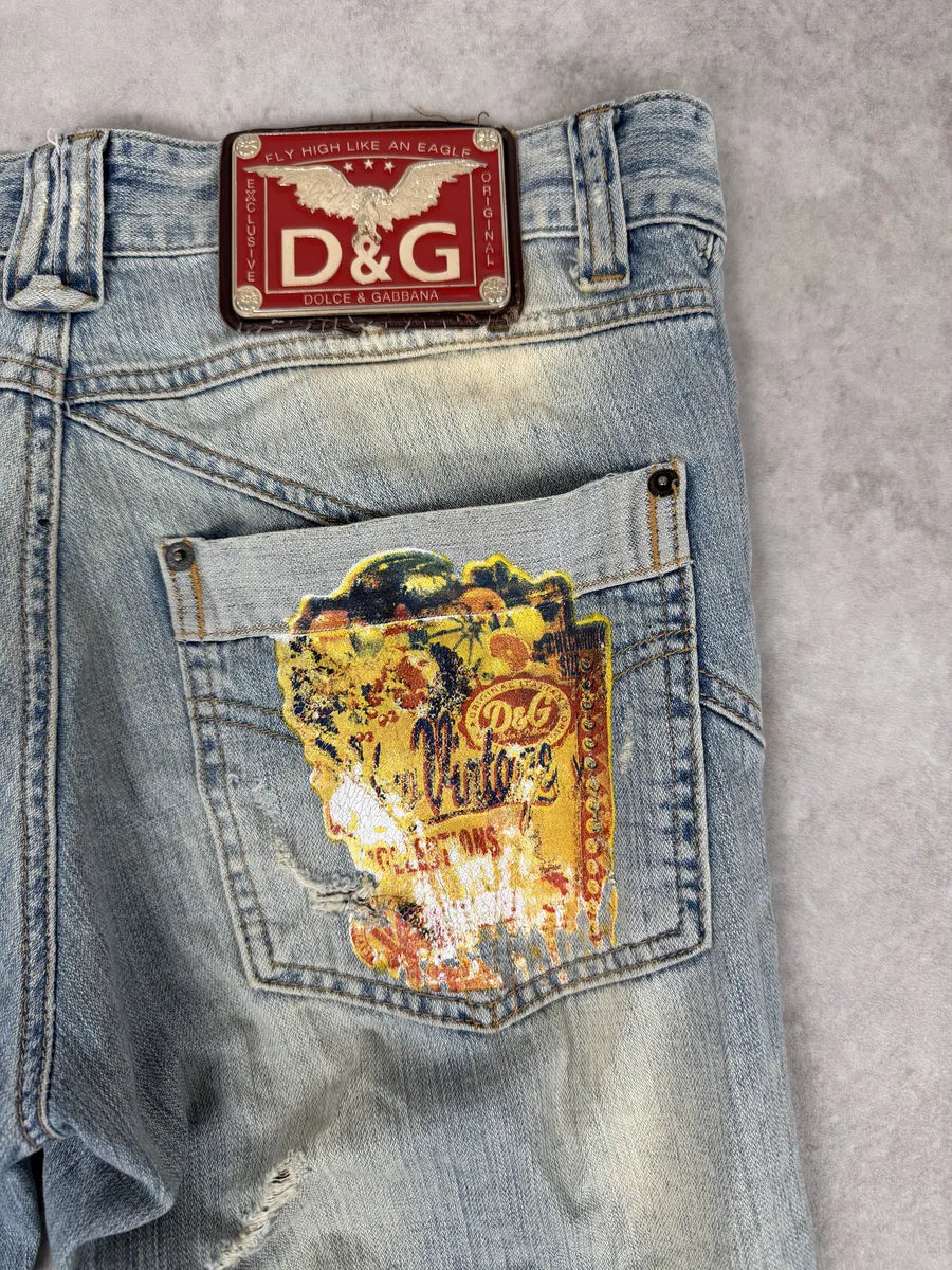 AW2006 Dolce & Gabbana Yellow Printed Blue Distressed Denim Jeans PDqAfvg 8