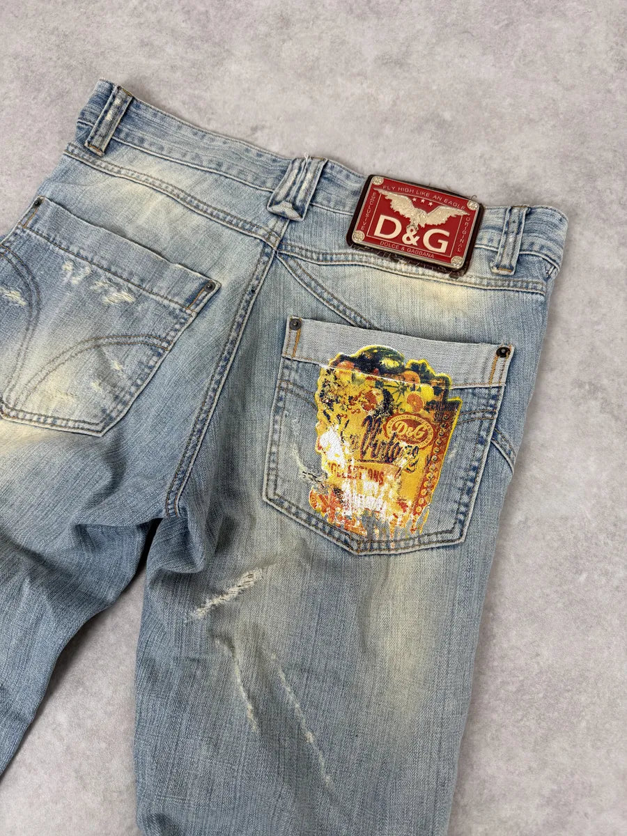 AW2006 Dolce & Gabbana Yellow Printed Blue Distressed Denim Jeans PDqAfvg 9