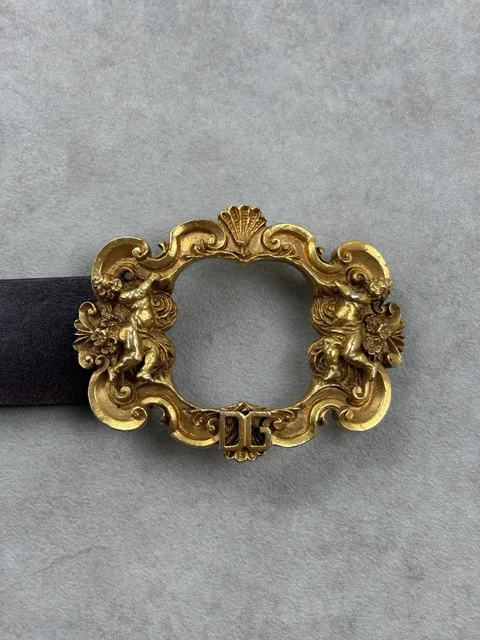 AW2006 Dolce & Gabbana Golden Angels Molding Buckle Brown Leather Belt nFVfPIZ 6