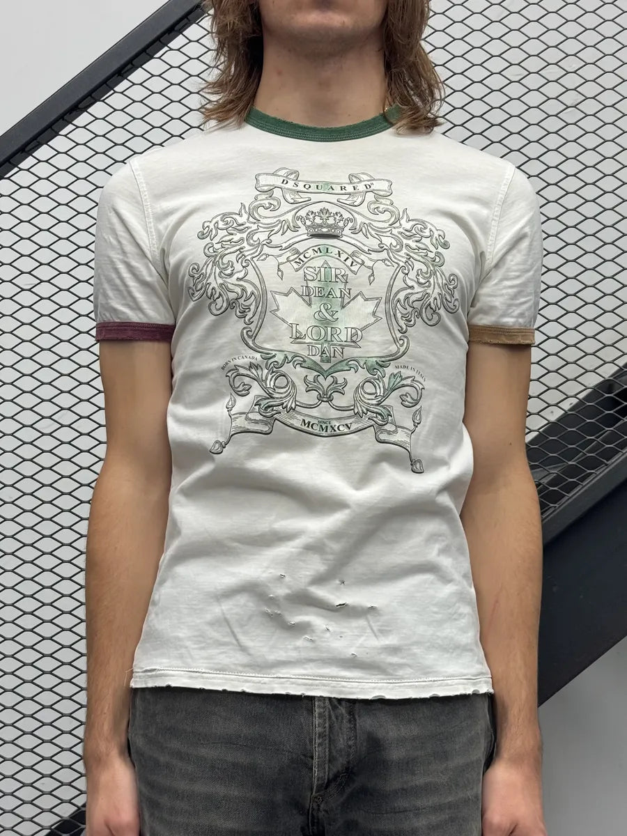 AW2006 Dsquared2 Heraldic Crest Destroyed White Ringer T-Shirt SWPFXGa 1