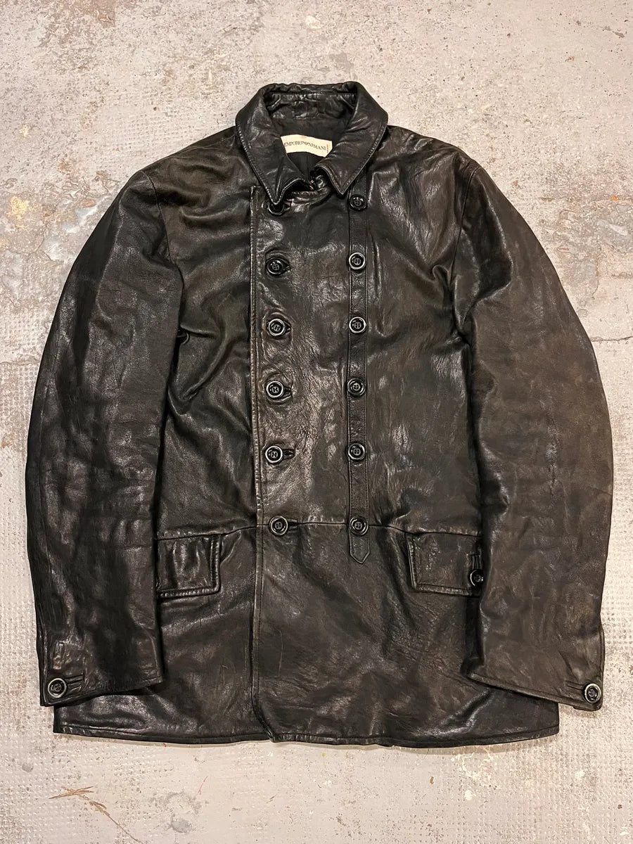 AW2006 Emporio Armani Officer Buttoned Black Leather Peacoat Jacket AiHSDrw 0