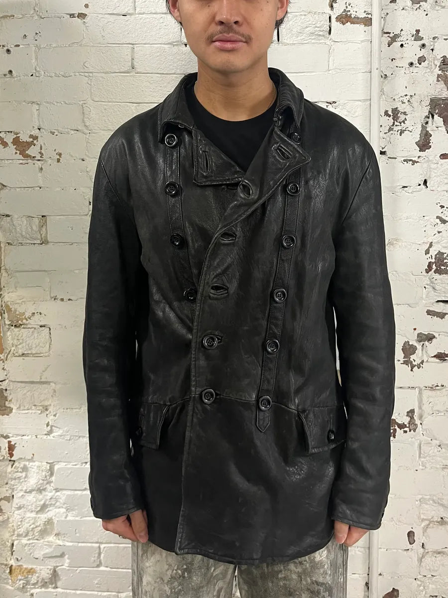 AW2006 Emporio Armani Officer Buttoned Black Leather Peacoat Jacket AiHSDrw 1