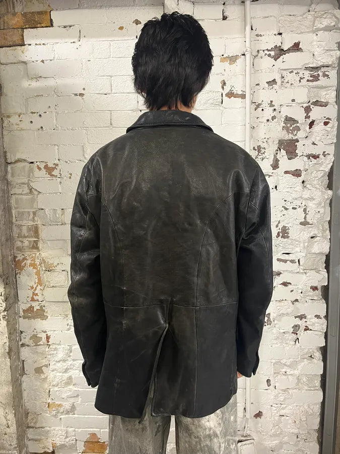 AW2006 Emporio Armani Officer Buttoned Black Leather Peacoat Jacket AiHSDrw 2