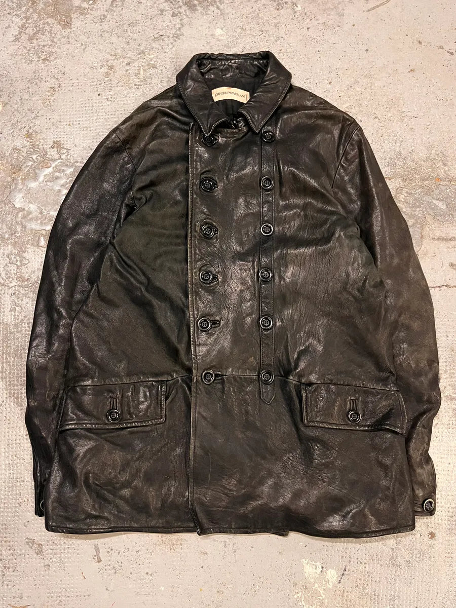 AW2006 Emporio Armani Officer Buttoned Black Leather Peacoat Jacket AiHSDrw 3