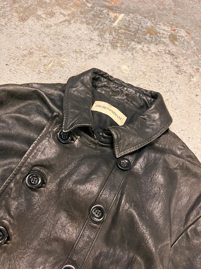 AW2006 Emporio Armani Officer Buttoned Black Leather Peacoat Jacket AiHSDrw 4