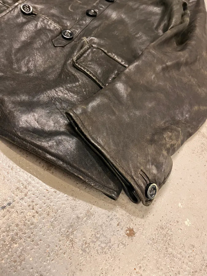 AW2006 Emporio Armani Officer Buttoned Black Leather Peacoat Jacket AiHSDrw 5
