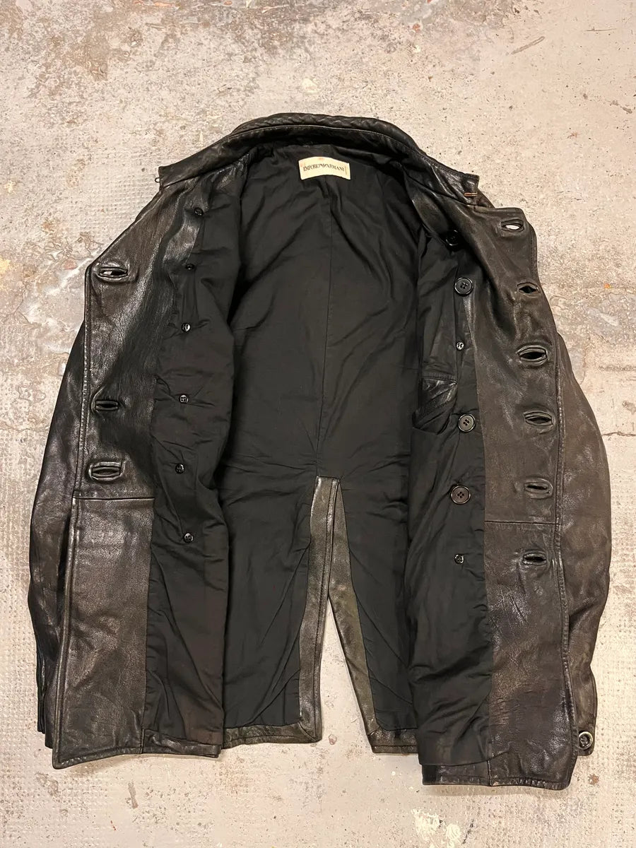 AW2006 Emporio Armani Officer Buttoned Black Leather Peacoat Jacket AiHSDrw 7