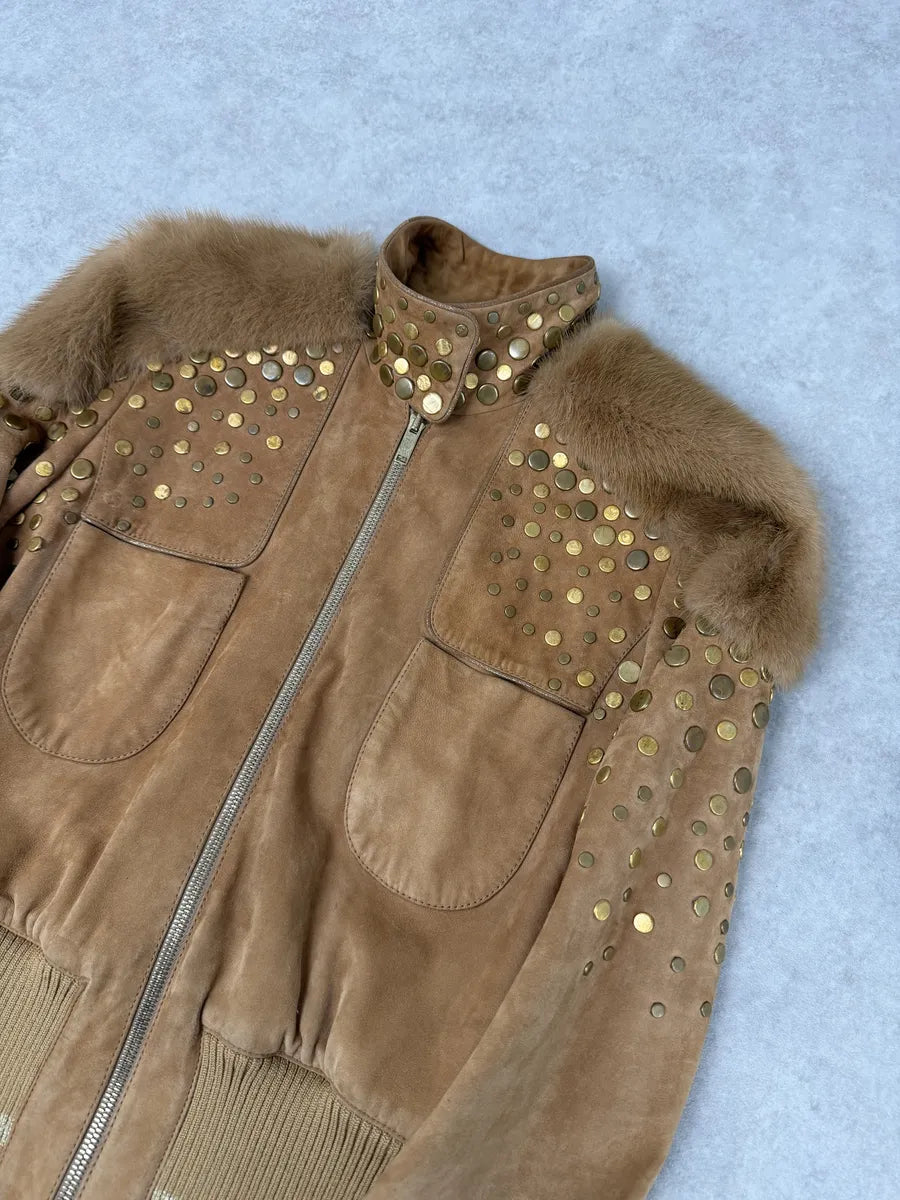 AW2006 Gucci Beige Suede Studded Leather Jacket by Frida Giannini StdqYYs 11