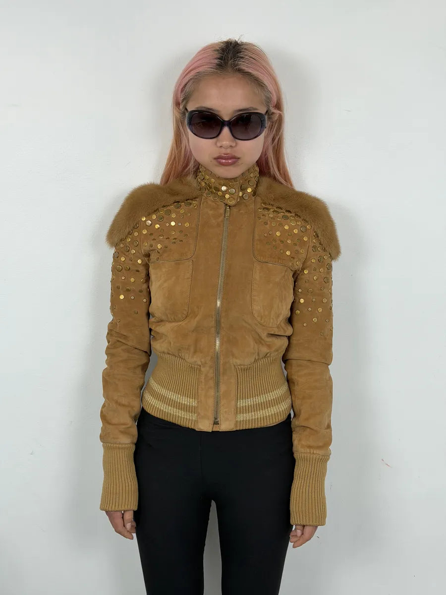 AW2006 Gucci Beige Suede Studded Leather Jacket by Frida Giannini StdqYYs 2