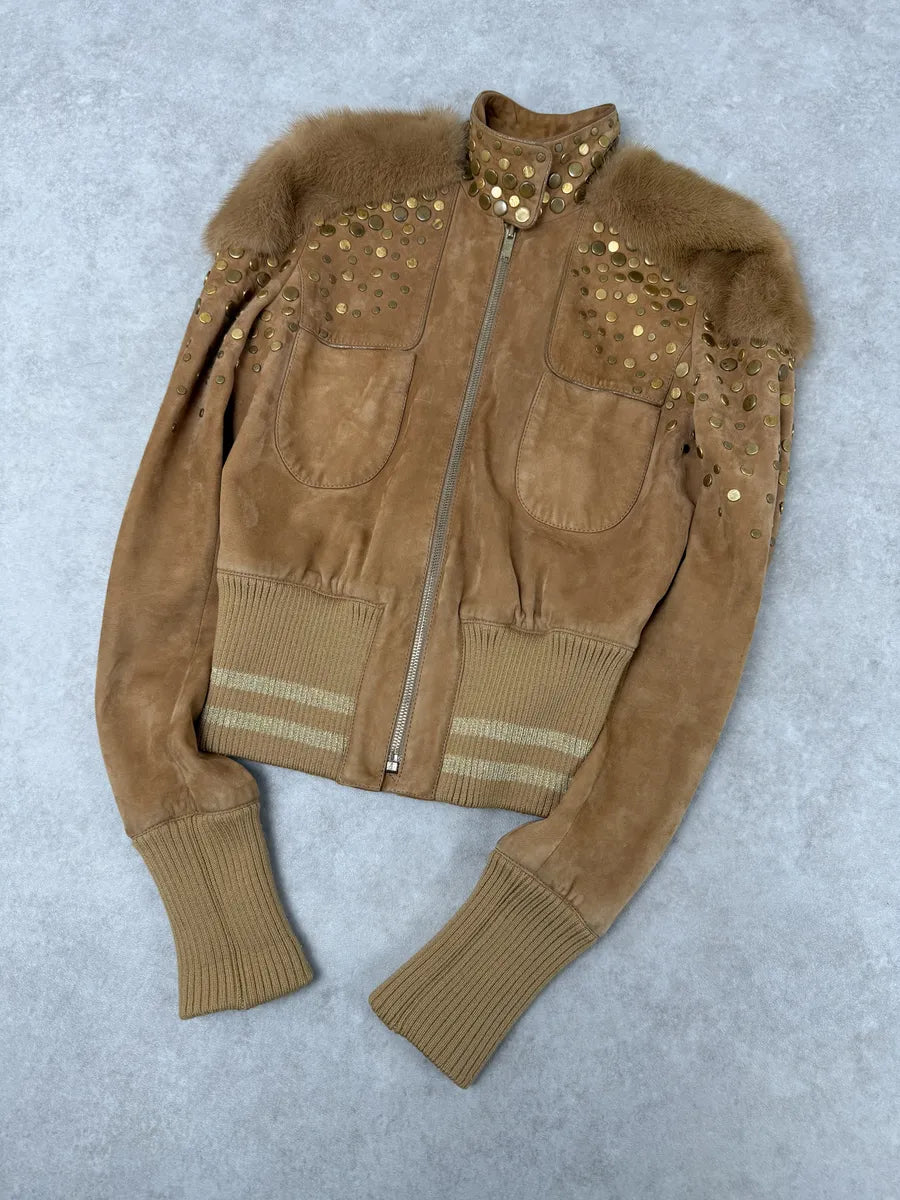 AW2006 Gucci Beige Suede Studded Leather Jacket by Frida Giannini StdqYYs 5