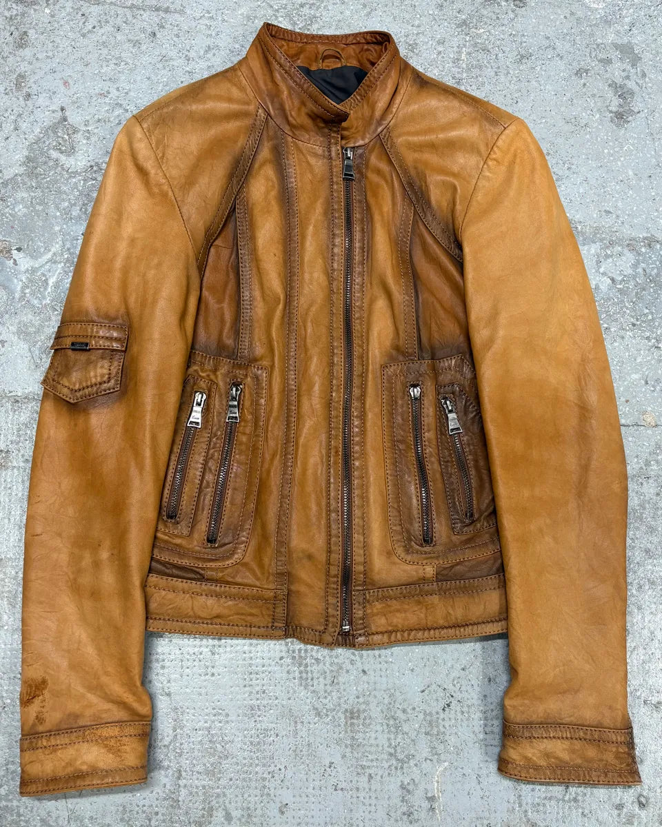AW2006 Gucci Brown Asymmetrical Leather Jacket (S) rtbBXtA 0