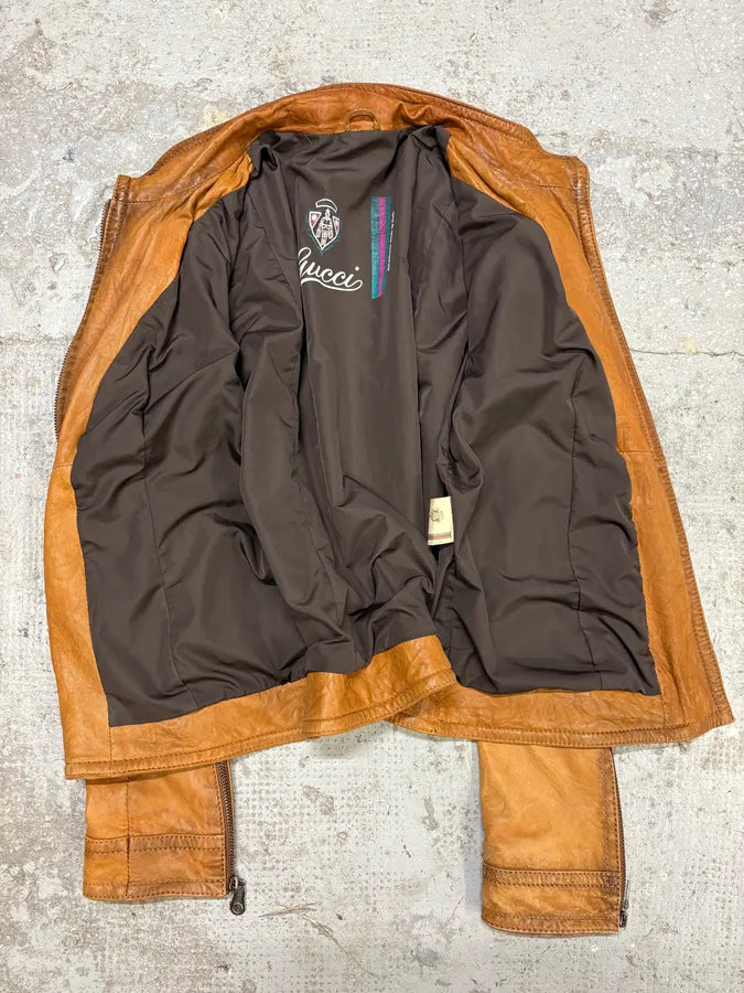 AW2006 Gucci Brown Asymmetrical Leather Jacket (S) rtbBXtA 6