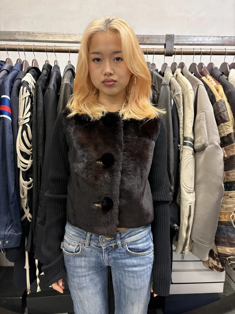 AW2006 Lanvin Brown Kangaroo Fur Hybrid Wool Jacket YusINjR 2