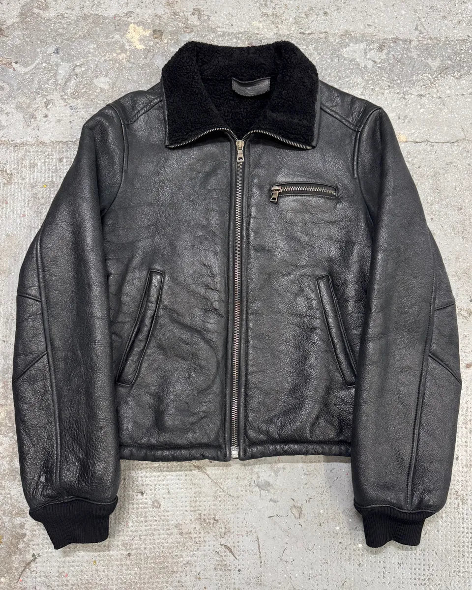 AW2006 Prada Black Shearling Lambskin Leather Jacket (M) IdOCisS 0