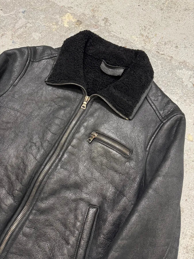 AW2006 Prada Black Shearling Lambskin Leather Jacket (M) IdOCisS 1