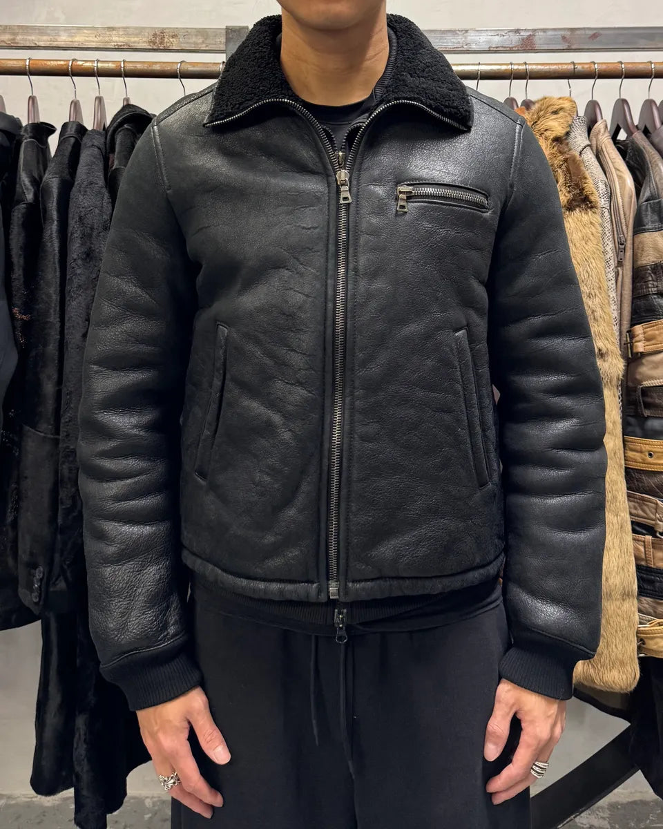 AW2006 Prada Black Shearling Lambskin Leather Jacket (M) IdOCisS 2