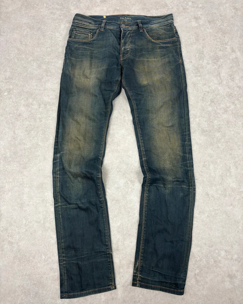 AW2006 Prada Blue Faded Tapered Denim Jeans lkOyciZ 0