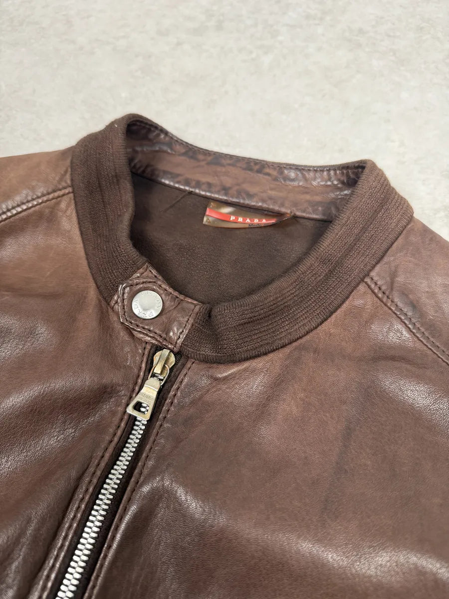 AW2006 Prada Brown Hybrid Linea Rossa Leather Biker Jacket iXGvGAq 11