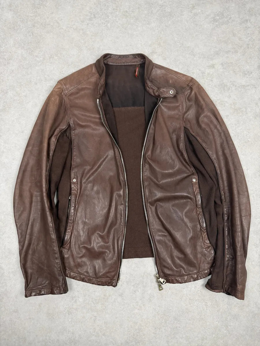 AW2006 Prada Brown Hybrid Linea Rossa Leather Biker Jacket iXGvGAq 2