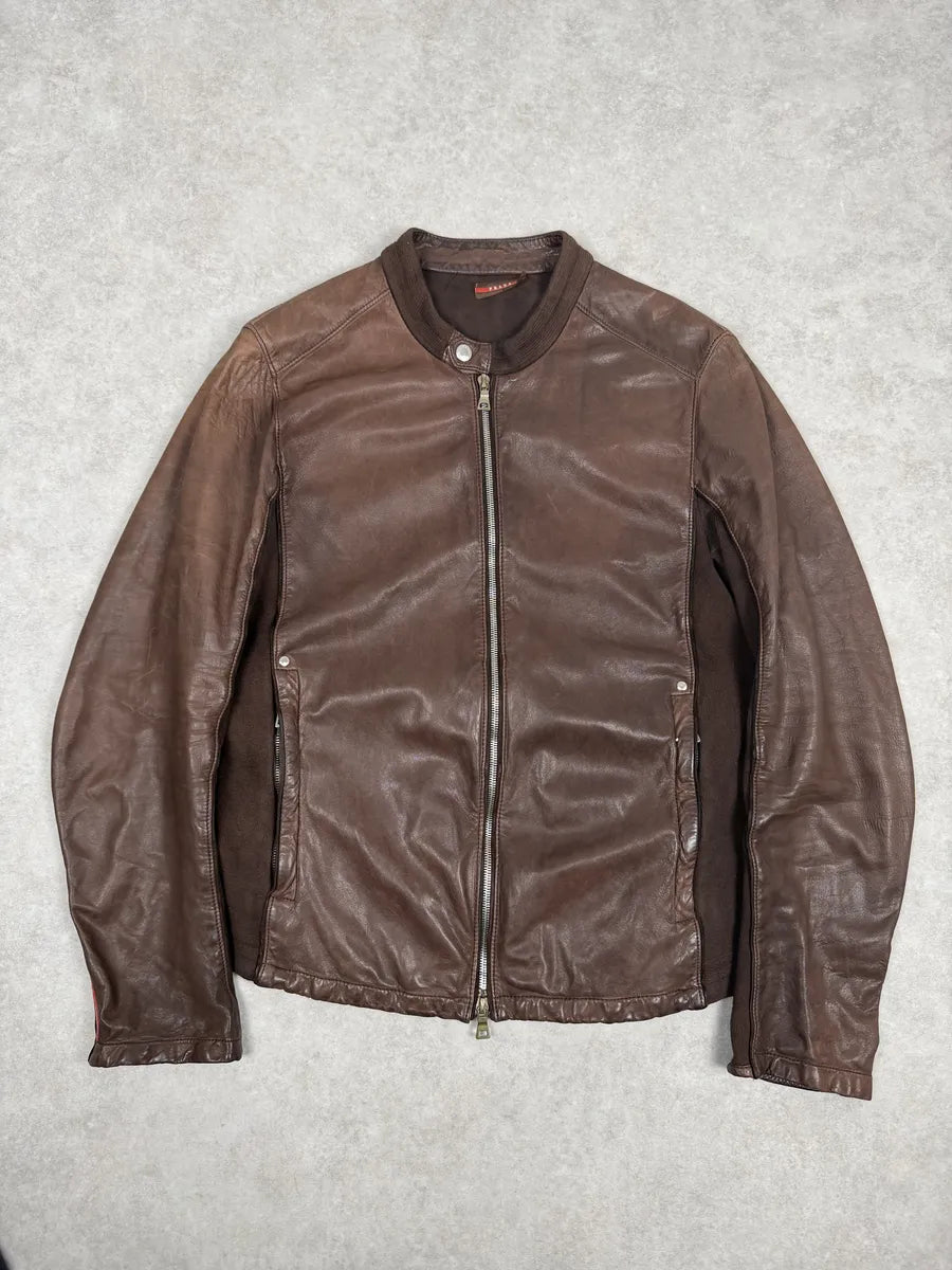 AW2006 Prada Brown Hybrid Linea Rossa Leather Biker Jacket iXGvGAq 3