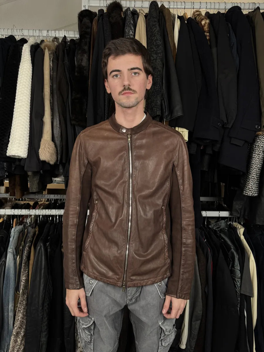 AW2006 Prada Brown Hybrid Linea Rossa Leather Biker Jacket iXGvGAq 4