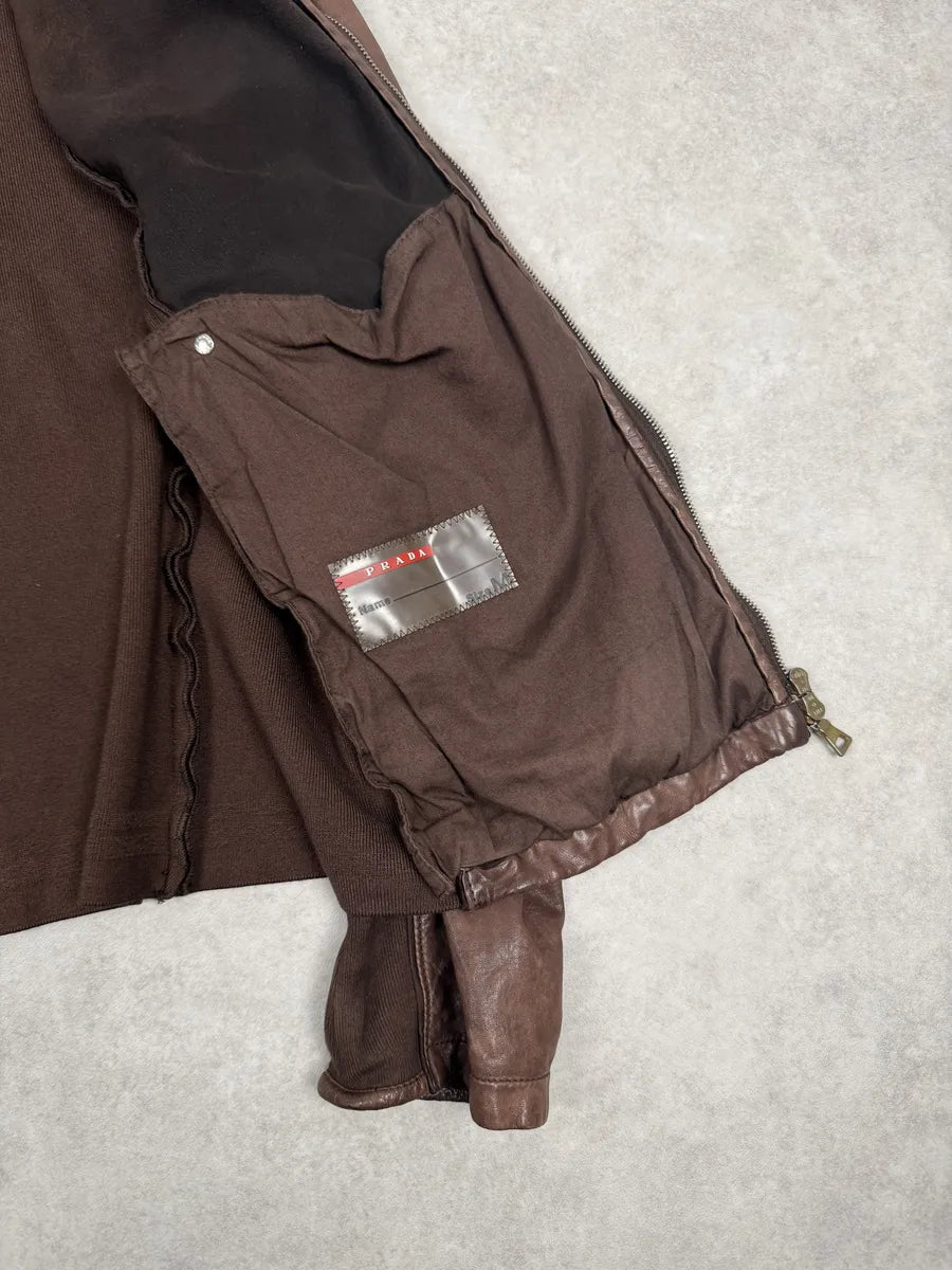AW2006 Prada Brown Hybrid Linea Rossa Leather Biker Jacket iXGvGAq 6