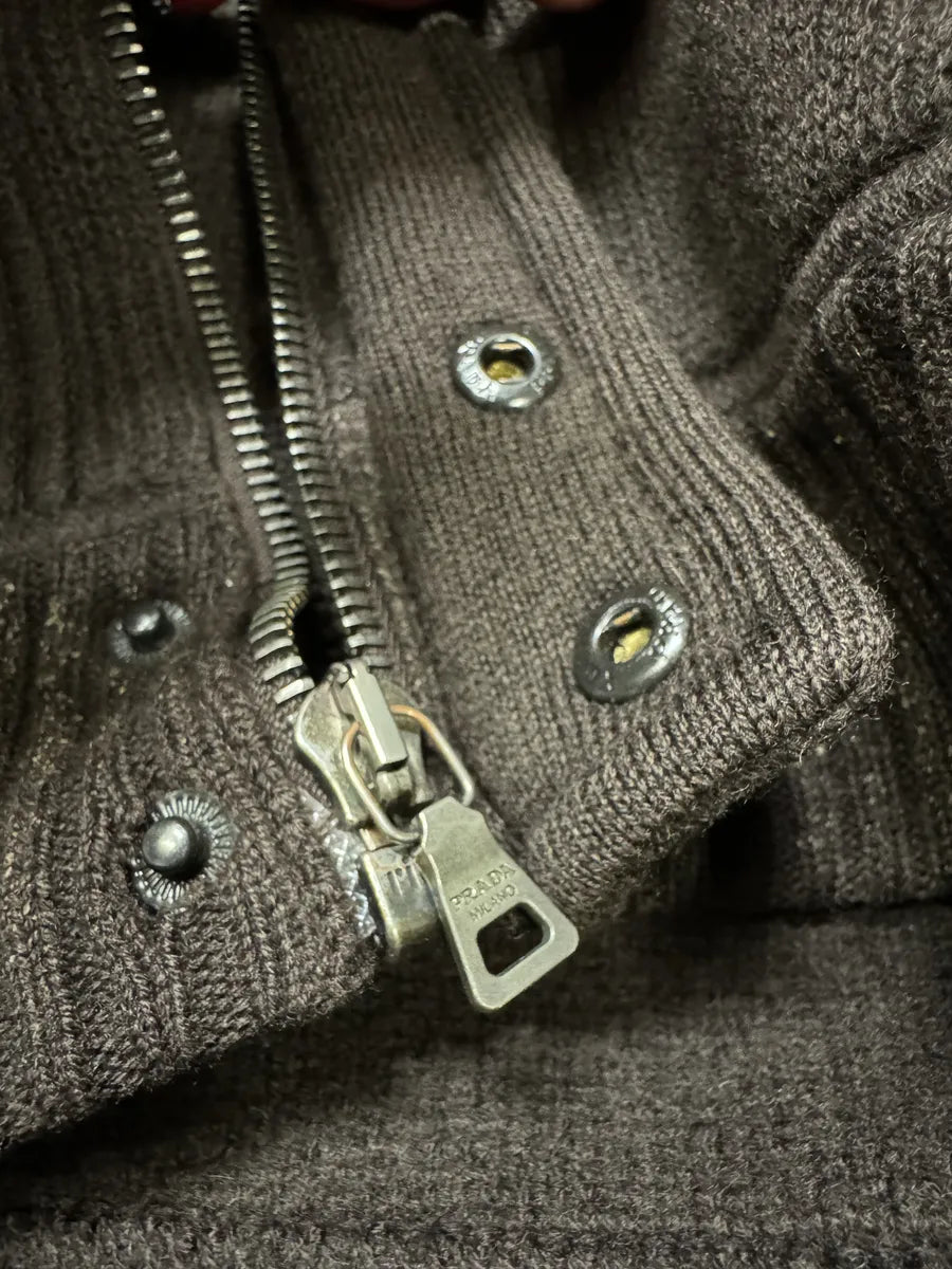 AW2006 Prada Brown Wool Padded Bomber Zip-Up Sweater (M) 8