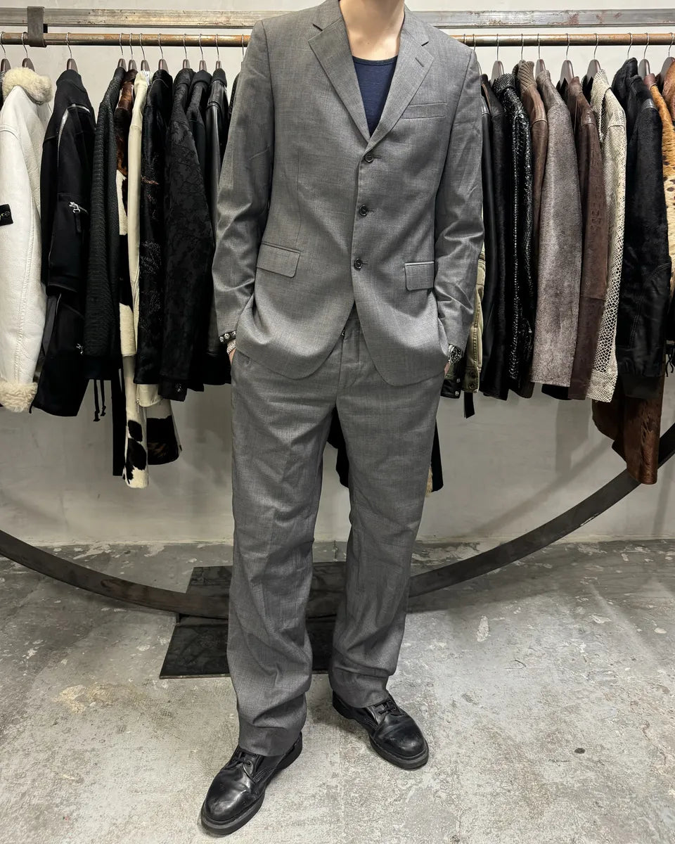 AW2006 Prada Grey Minimalist Wool Suit Blazer & Pants (L) 0