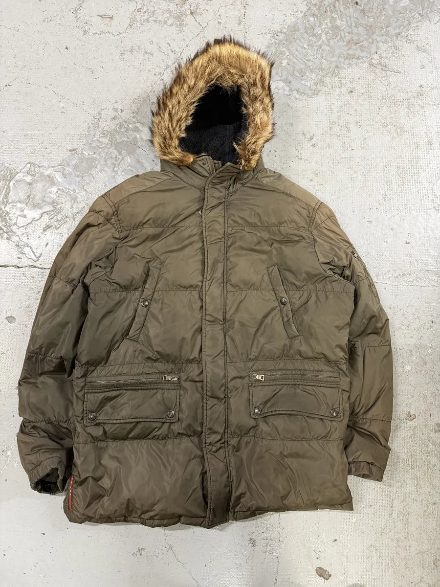 AW2006 Prada Khaki Green Fur Hooded Puffer Jacket ytfyvJI 5