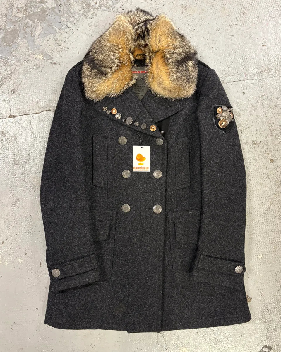 AW2006 Prada Pins Fur Collar Black Wool Jacket ltaecrG 0