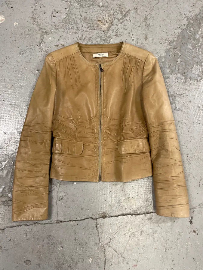 AW2006 Prada Plissed Beige Leather Jacket (S/M) aKRNaes 0