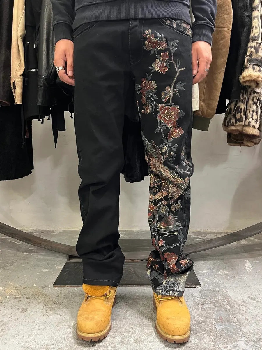 AW2006 Roberto Cavalli Black Embroidered Flowers Artisanal Pants (L) lMrufHY 0